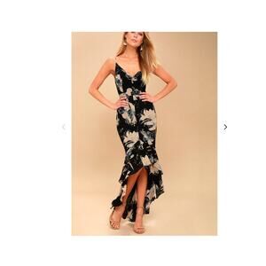 Lulus Darling Daylily Black Floral Print High-Low Maxi Dress SM